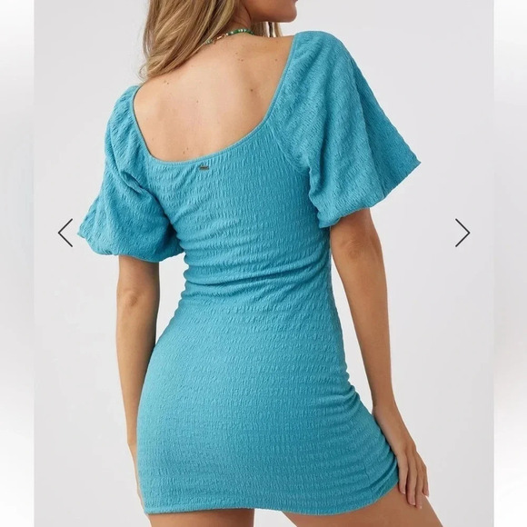 O’NEILL TEAGAN SMOCKED PUFF SLEEVE MINI DRESS ON/ OFF SHOULDER BLUE MEDIUM - Picture 5 of 15